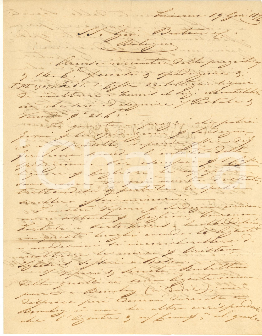 1876 LIVORNO Lettera Salvatore PALAU per spedizione liquori in Sardegna