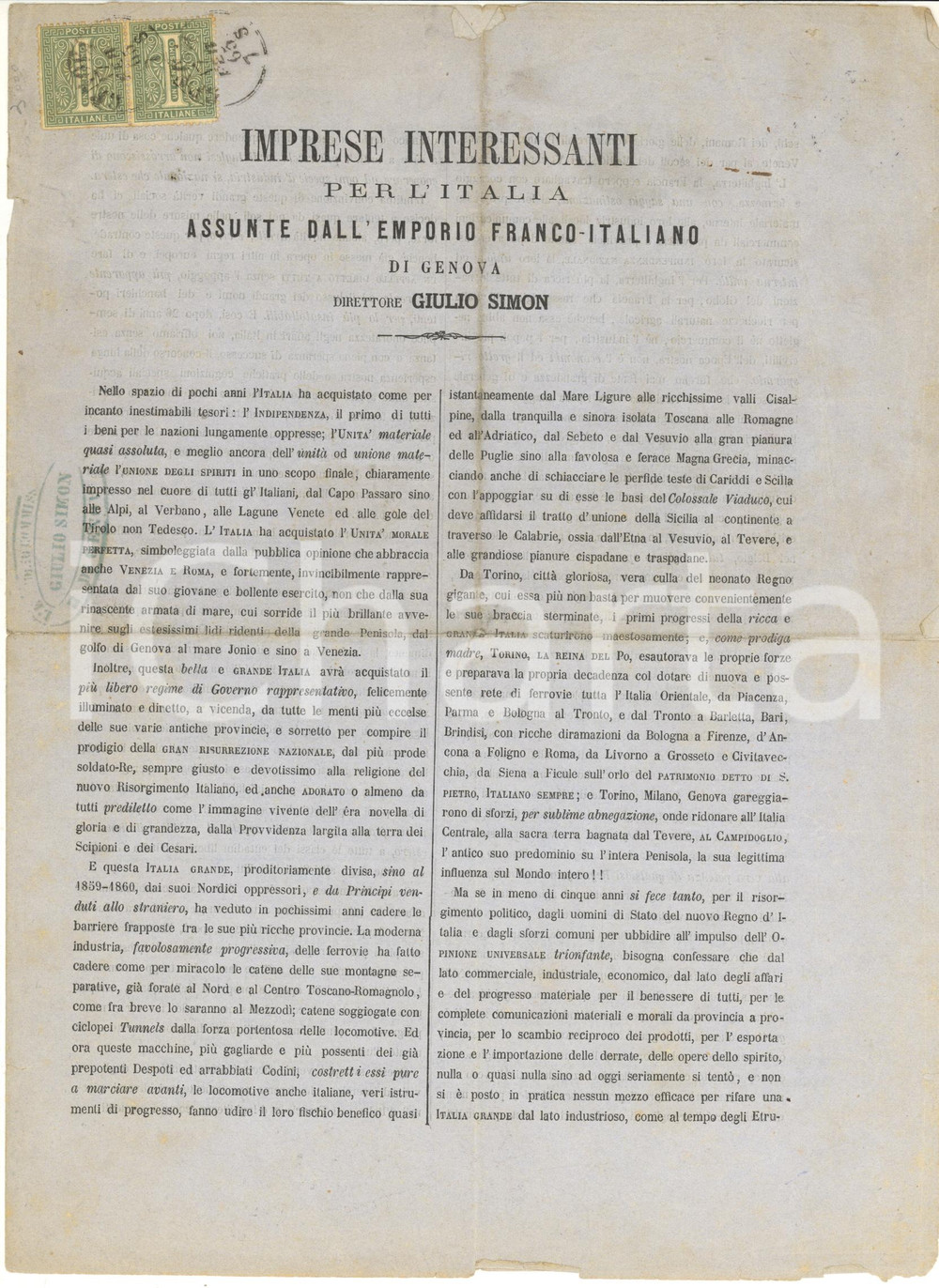 Autografo originale 1865 GENOVA Emporio francoitaliano di Giulio SIMON  Pieghevole pubblicitario 1