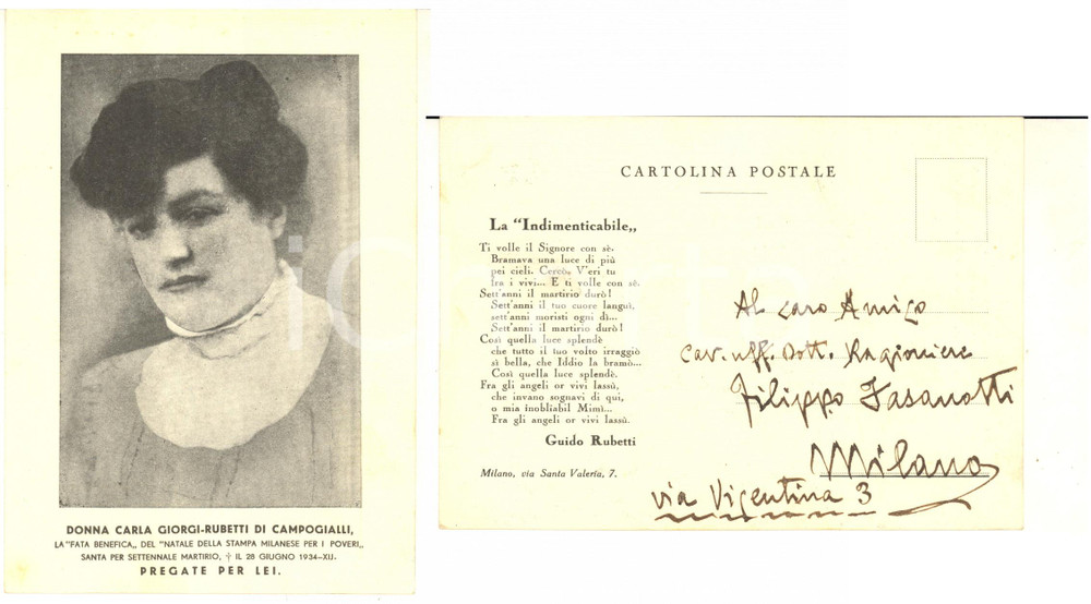 Autografo originale 1934 MILANO Cartolina in suffragio di Carla GIORGI  Autografo Guido RUBETTI 1