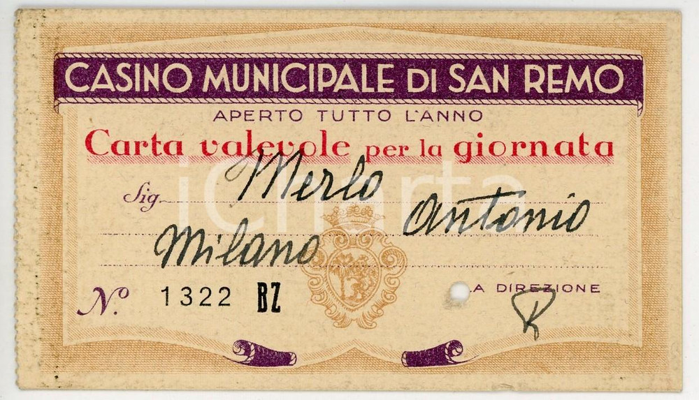 Oggetto da collezione cartaceo 1932 SANREMO CasinÃ² Municipale  Biglietto d ingresso VINTAGE 1