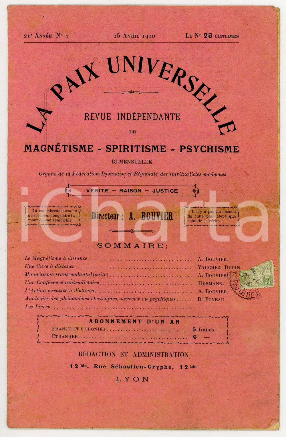 Libro, pubblicazione d epoca 1910 LA PAIX UNIVERSELLE Le magnÃ©tisme Ã  distance Rivista anno 21  NÂ° 7 1
