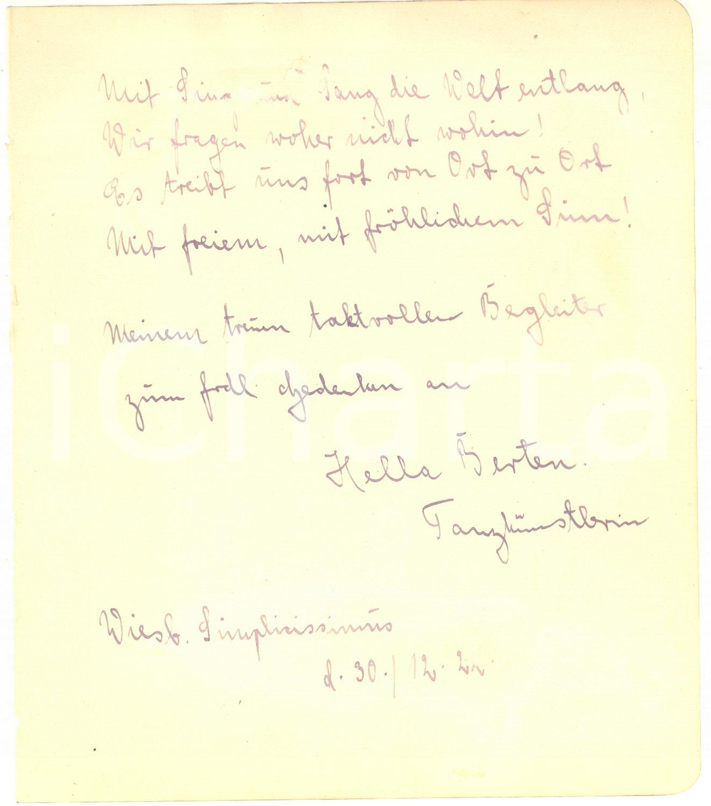 Manoscritto, lettera originale 1922 WIESBADEN Ballerina Hella BERTEN  Messaggio di saluti AUTOGRAFO 1