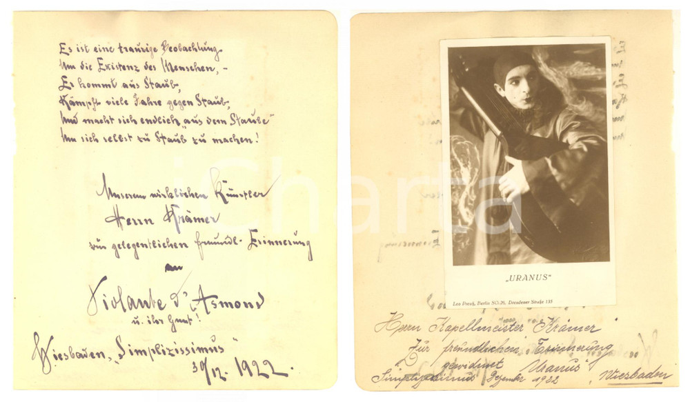 Autografo originale 1922 WIESBADEN Dancer Violante D ASMOND  Actor URANUS  AUTOGRAPHS RARE 1