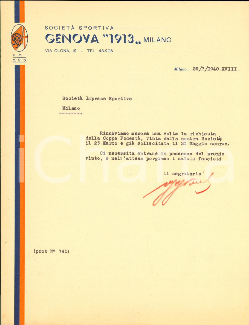 Manoscritto, lettera originale 1940 CICLISMO MILANO SocietÃ  GENOVA 1913  Lettere richiesta per Coppa PodestÃ  1