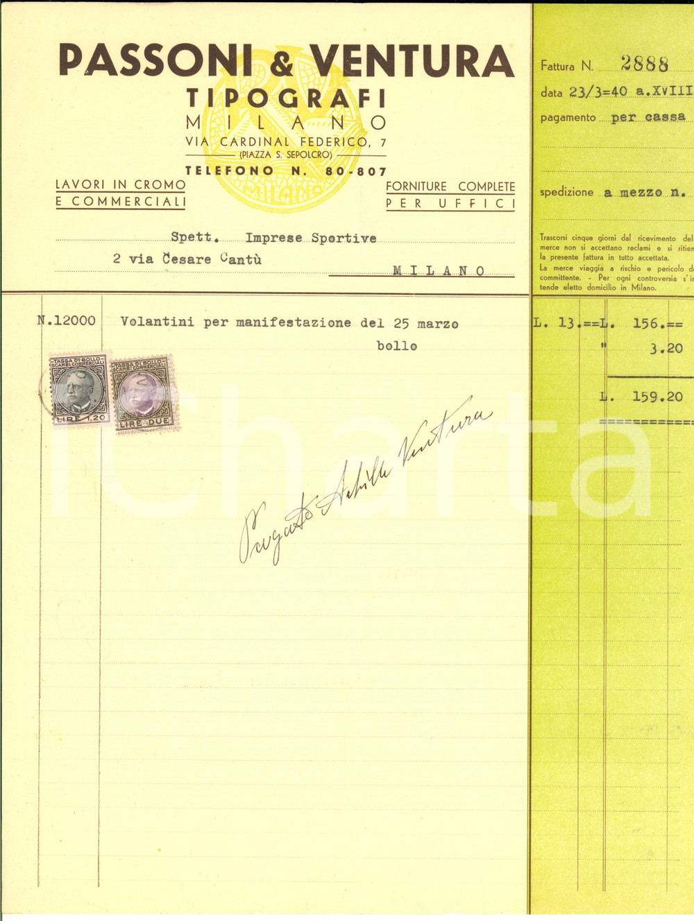 Manoscritto, lettera originale 1940 MILANO Tipografi PASSONI & VENTURA  Fattura per volantini con bollo 1