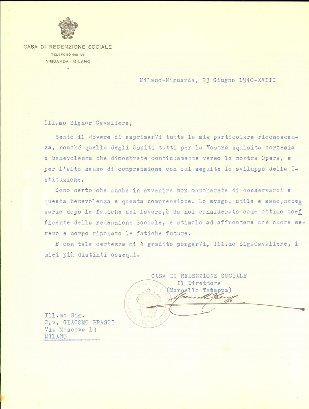 Manoscritto, lettera originale 1940 MILANO NIGUARDA Casa di Redenzione Sociale  Lettera Marcello TAIAPPA 1
