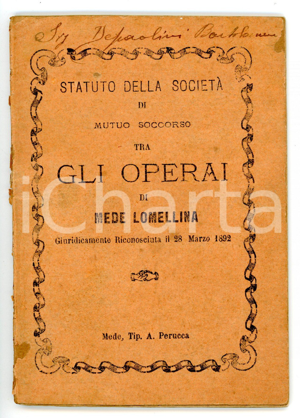 Libro, pubblicazione d epoca 1926 MEDE SocietÃ  mutuo soccorso tra operai  Iscrizione Bartolomeo DE PAOLINI 1