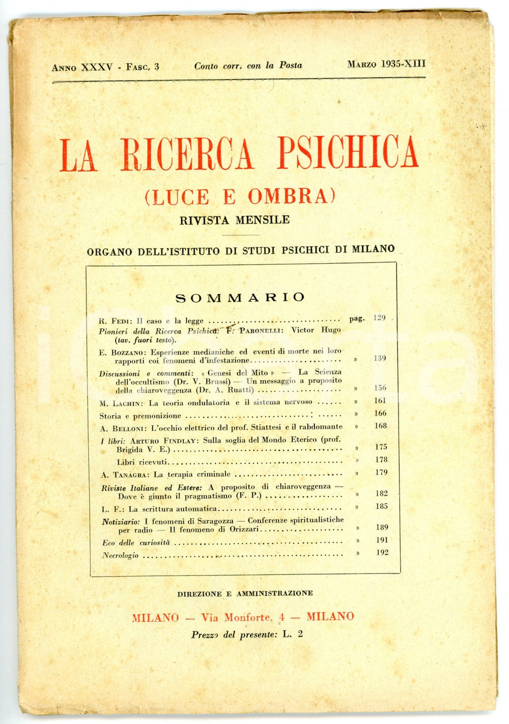 Giornale, rivista storica 1935 LA RICERCA PSICHICA La scienza dell occultismo Rivista anno XXXV Fasc. 3 1