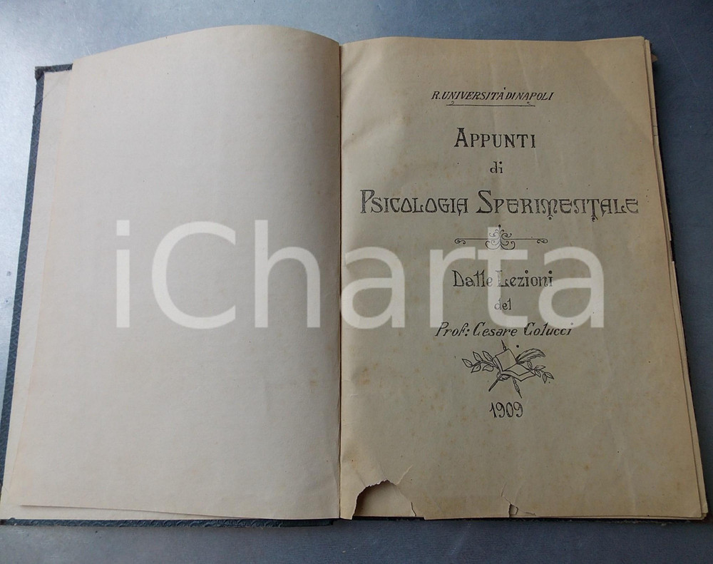 1909 UNIVERSITÃ€ DI NAPOLI Prof. Cesare COLUCCI - Appunti Psicologia Sperimentale Pubblicazione contenente gli appunti di Psicologia Sperimentaledelle lezioni del professor Cesare Colucci dell'Universit&agrave; di Napoli.PAGINE: 101 + VIII tavole FORMATO: 19x27 cm CONDIZIONI: POOR (strappi e piccole mancanze alle pagine; sottolineature a matita; piegature angolari e gualciture in copertina)EDITORE: Legatoria di libri Giuseppe Carluccio - Via Arco Traiano 14, Benevento.    originale e autentica 1