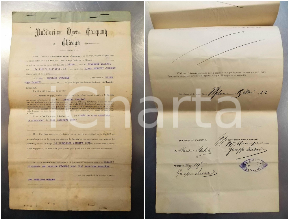 Autografo originale 1924 CHICAGO OPERA COMPANY Ingaggio baritono Mariano STABILE  AUTOGRAFO 1