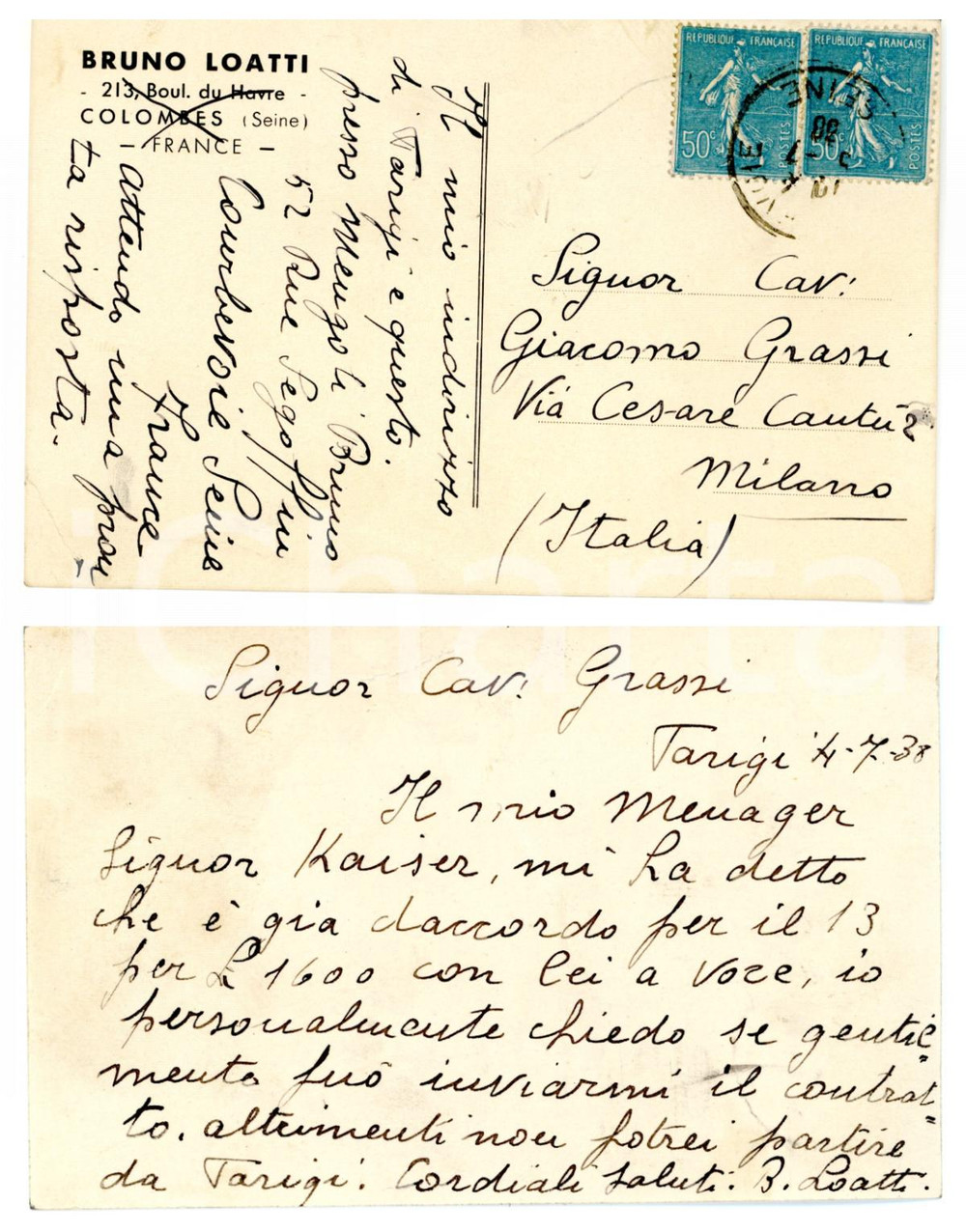 Autografo originale 1938 CICLISMO COLOMBES F Bruno LOATTI chiede contratto per gara  AUTOGRAFO 1