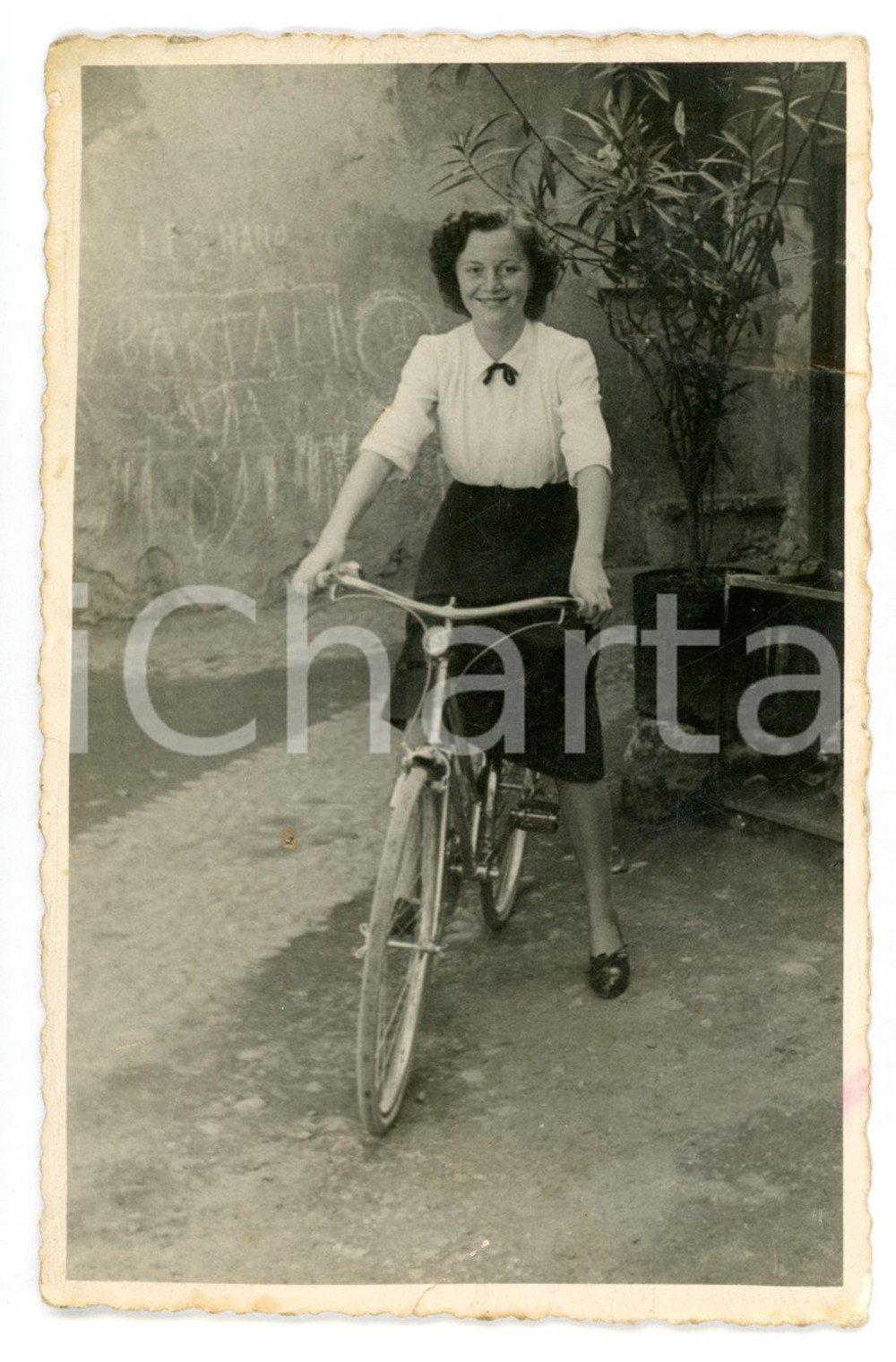 Fotografia d epoca originale 1940 ca ITALIA Donna in bicicletta con graffito su Gino BARTALI Foto CURIOSA 1