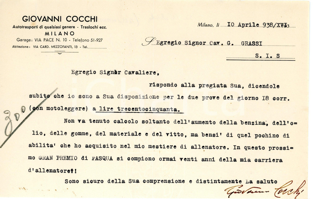 Autografo originale 1938 CICLISMO MILANO Lettera allenatore Giovanni COCCHI per ingaggio  AUTOGRAFO 1