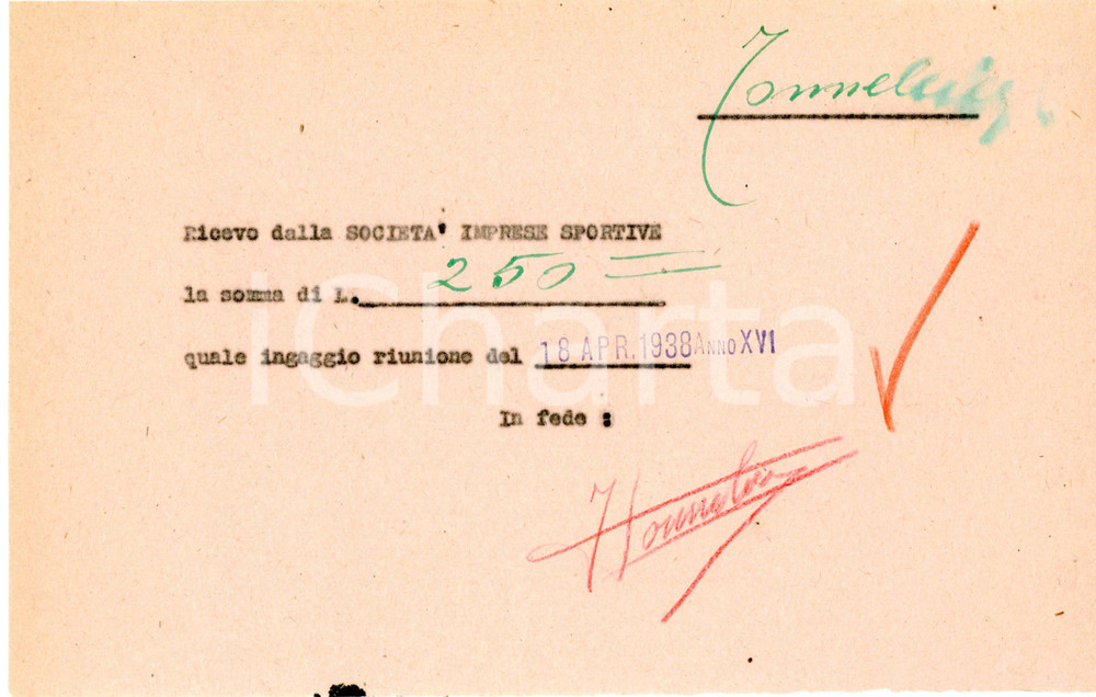 Autografo originale 1938 CICLISMO MILANO VIGORELLI  Ricevuta ingaggio Jean TONNELIER Autografo 1