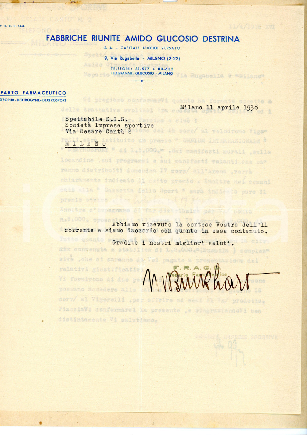 Autografo originale 1938 CICLISMO MILANO Lettera sponsor Fabbriche Riunite AMIDO GLUCOSIO DESTRINA 1