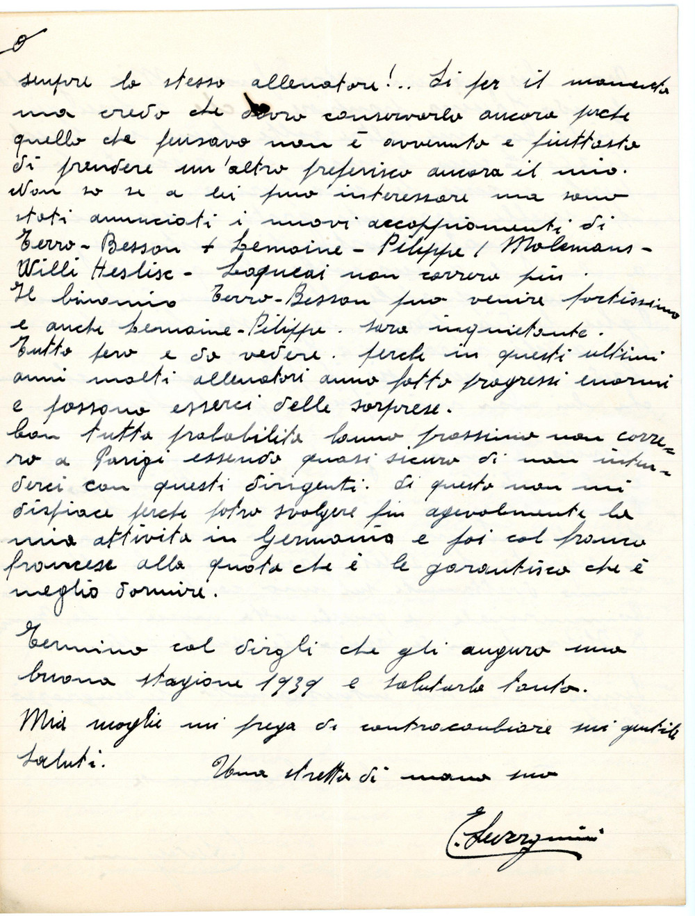 Autografo originale 1938 CICLISMO PARIGI Edoardo SEVERGNINI chiede gare per stayer  AUTOGRAFO 1