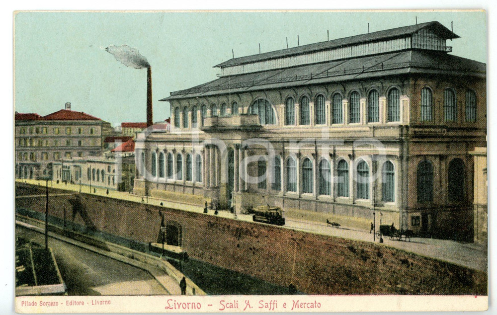 Cartolina originale da collezione 1915 ca LIVORNO Scorcio Scali A. SAFFI e mercato centrale Cartolina ILLUSTRATA 1