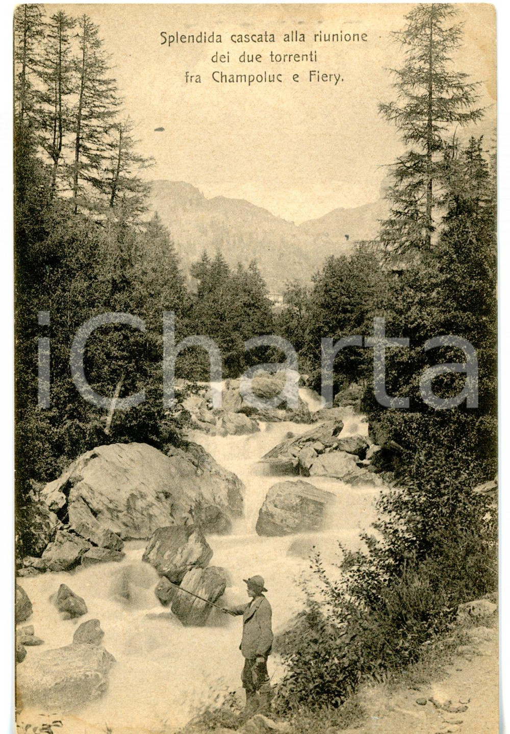 Cartolina originale da collezione 1920 ca AYAS AO Pescatore al torrente EvanÃ§on tra CHAMPOLUC e FIERY Cartolina 1