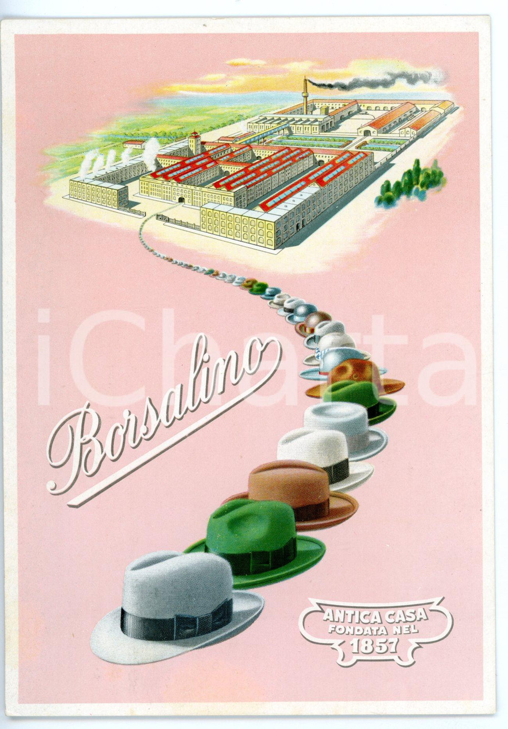 Materiale pubblicitario d’epoca 1960 ca ALESSANDRIA Cappellificio BORSALINO  Cartolina pubblicitaria VINTAGE FG 1