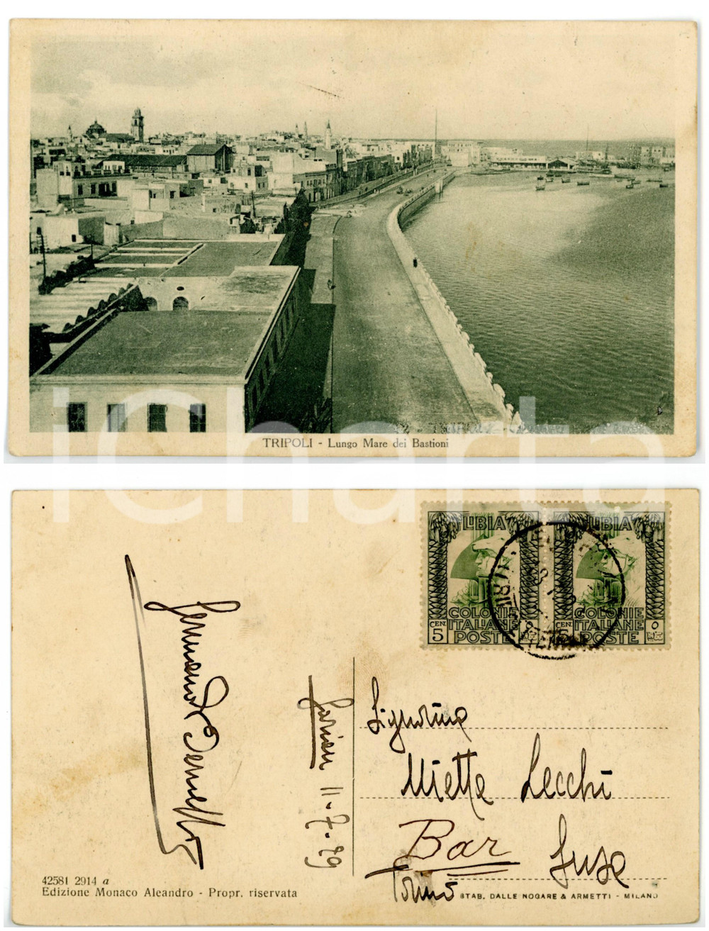 Cartolina originale da collezione 1929 TRIPOLI Lungomare dei Bastioni AUTOGRAFO Germano ASINARI DI BERNEZZO  FP 1