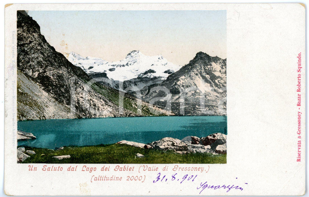 Cartolina originale da collezione 1901 GRESSONEYLATRINITÃ‰ AO Panorama del lago GABIET Cartolina  FP VG 1