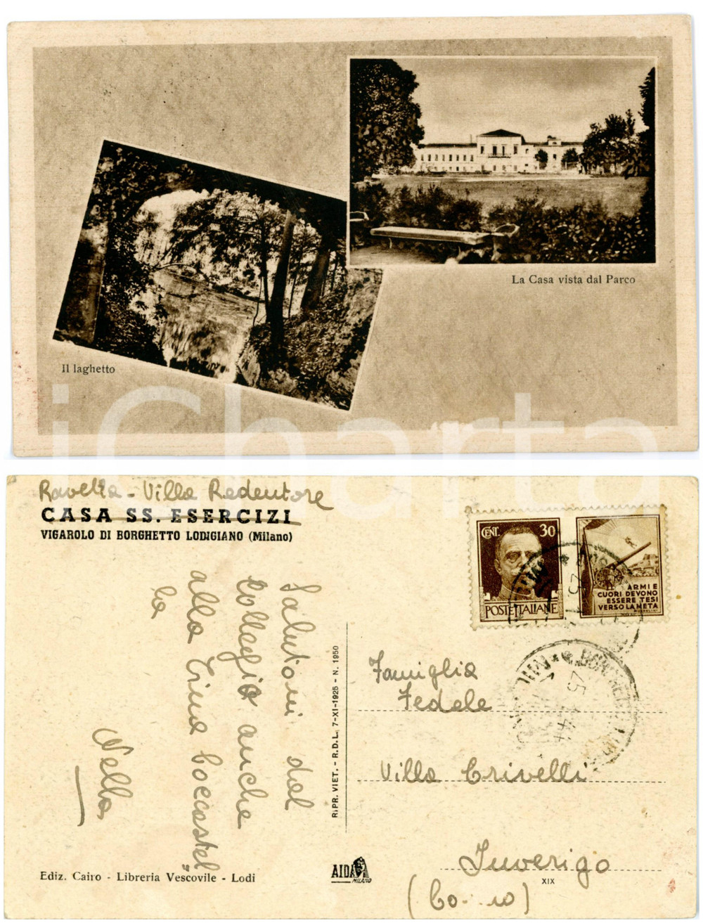 Cartolina originale da collezione 1944 BORGHETTO LODIGIANO  VIGAROLO Vedutine Casa SS. Esercizi Cartolina FP VG 1