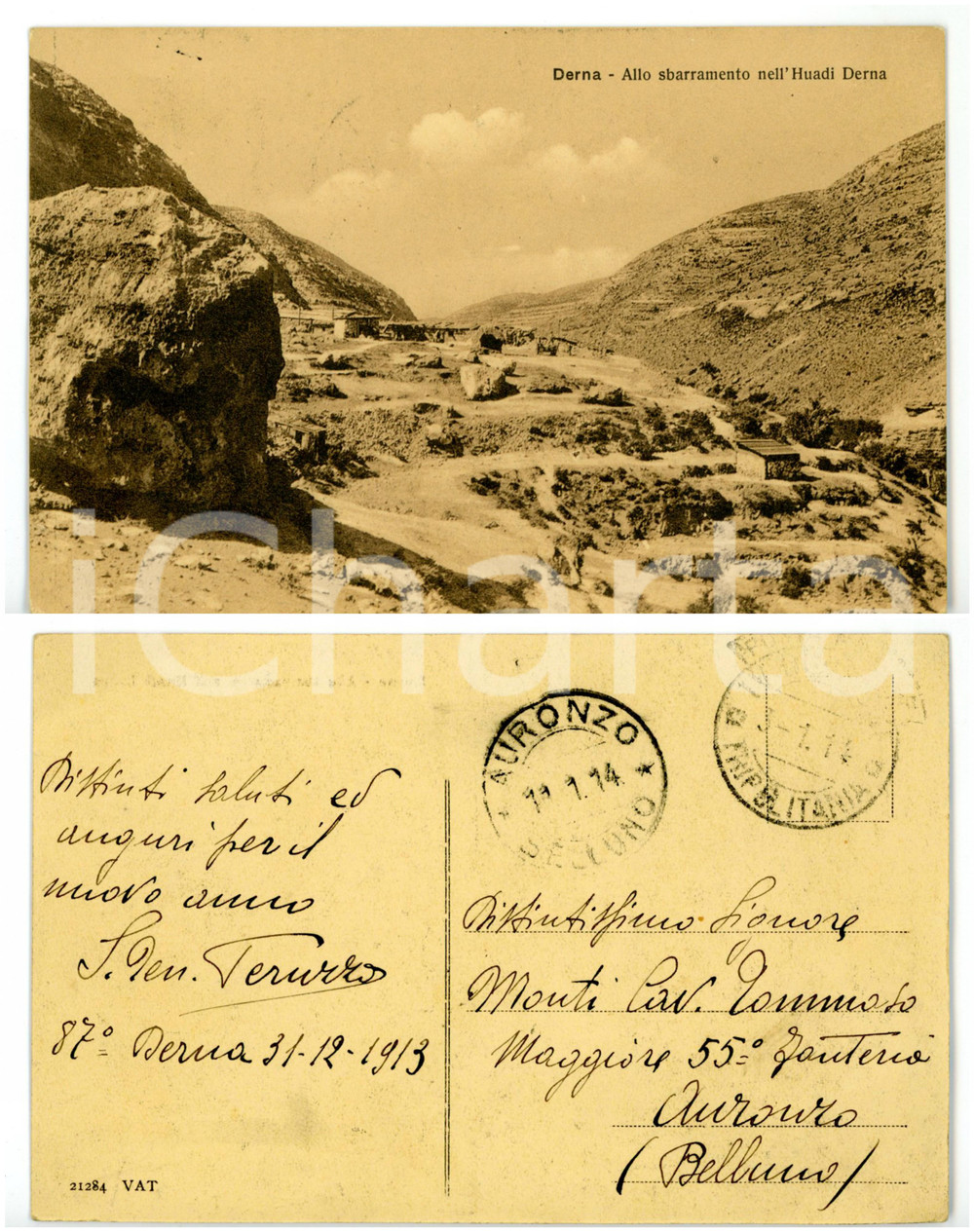 Cartolina originale da collezione 1913 DERNA LIBIA Allo sbarramento dell uadi Cartolina Attilio TERUZZI  FP VG 1