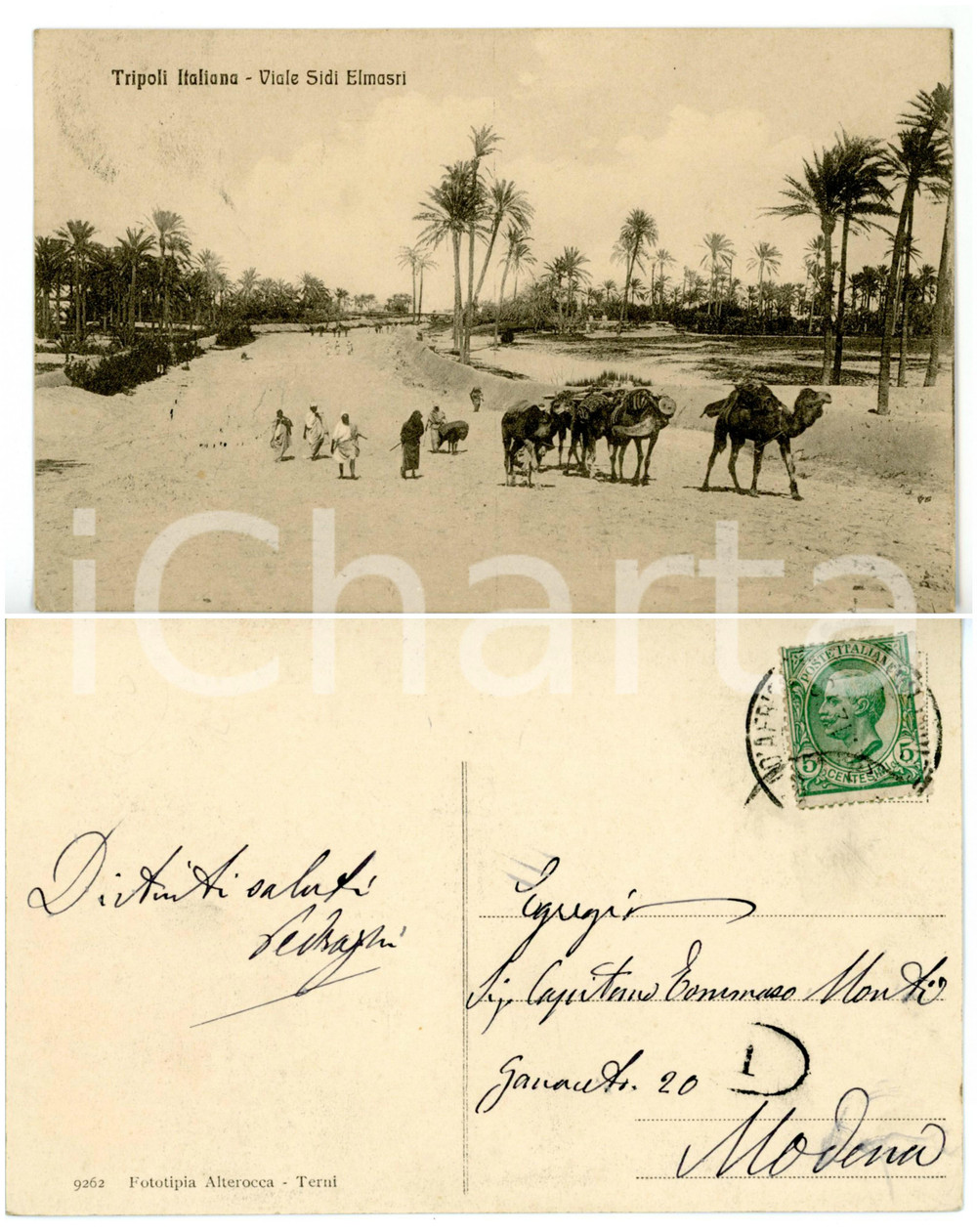 Cartolina originale da collezione 1913 TRIPOLI LIBIA Beduini con cammelli in viale SIDI EL MASRI Cartolina FP VG 1