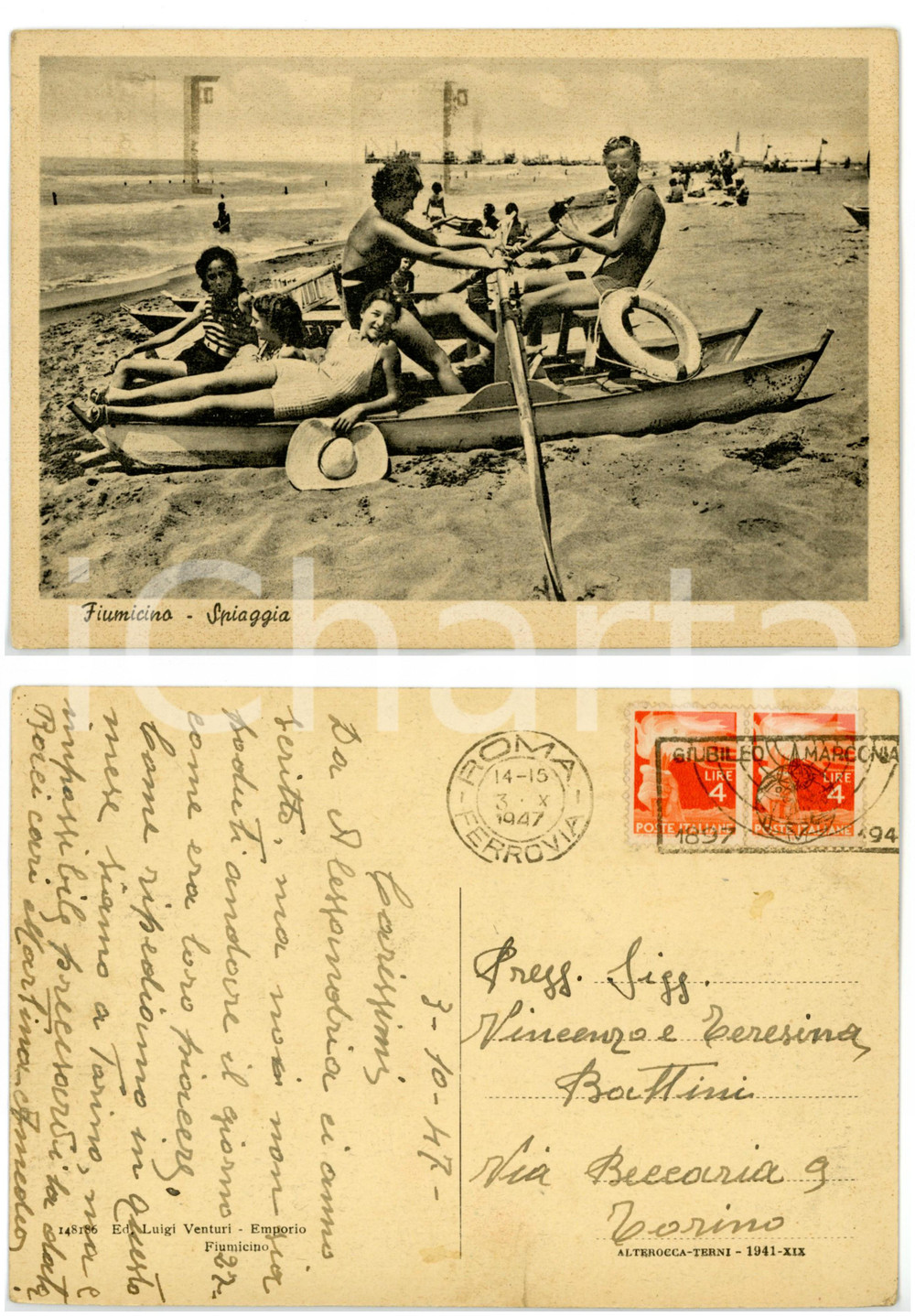 Cartolina originale da collezione 1947 FIUMICINO ROMA Famiglia in barca a remi sulla spiaggia Cartolina FG VG 1