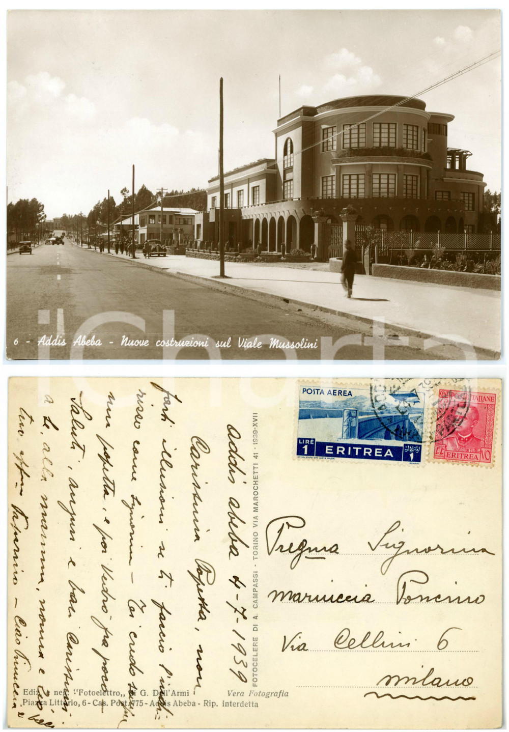Cartolina originale da collezione 1939 ADDIS ABEBA ETIOPIA Costruzioni sul viale MUSSOLINI Cartolina ANIMATA FG 1