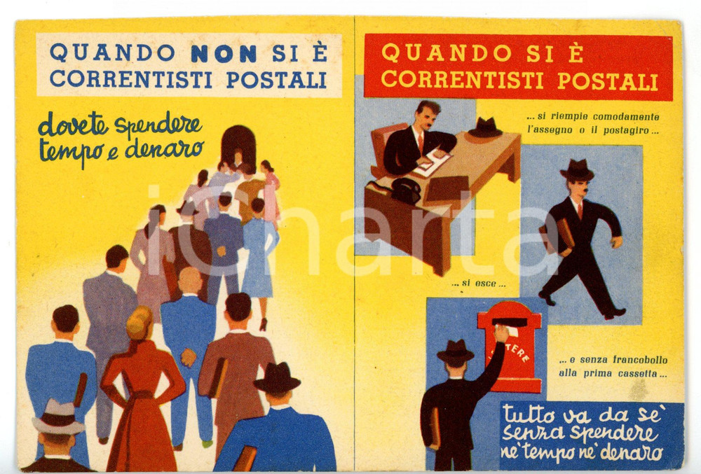 Materiale pubblicitario d’epoca 1950 ca POSTE ITALIANE Conti correnti postali  Cartolina pubblicitaria VINTAGE 1