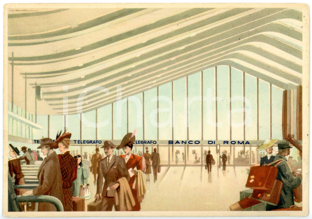Materiale pubblicitario d’epoca 1955 ca BANCO DI ROMA Stazione TERMINI Cartolina pubblicitaria ILLUSTRATA  FG 1