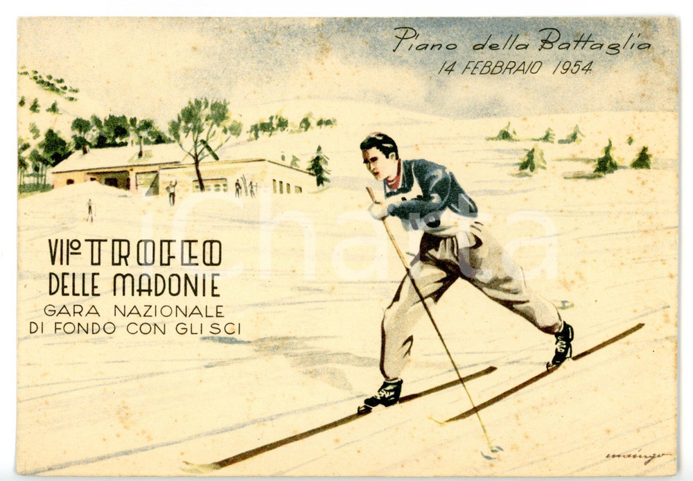 Cartolina originale da collezione 1954 PIANO BATTAGLIA PA VII Trofeo delle Madonie  Sci di fondo  Cartolina FG 1
