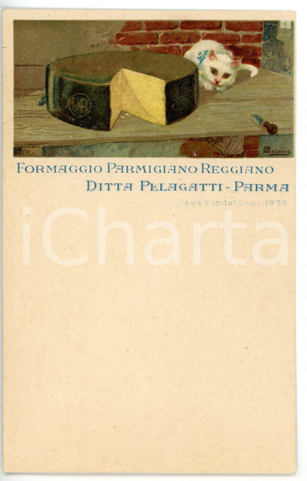 Materiale pubblicitario d’epoca 1910 ca PARMA Parmigiano reggiano DITTA PELAGATTI Cartolina ILLUSTRATA FP NV 1