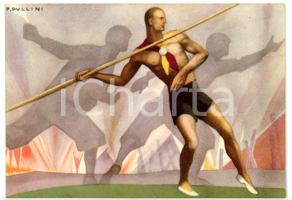 Cartolina originale da collezione 1942 FUTURISMO Lancio del giavellotto  Cartolina PREMILITARE  Ill. Pio PULLINI 1
