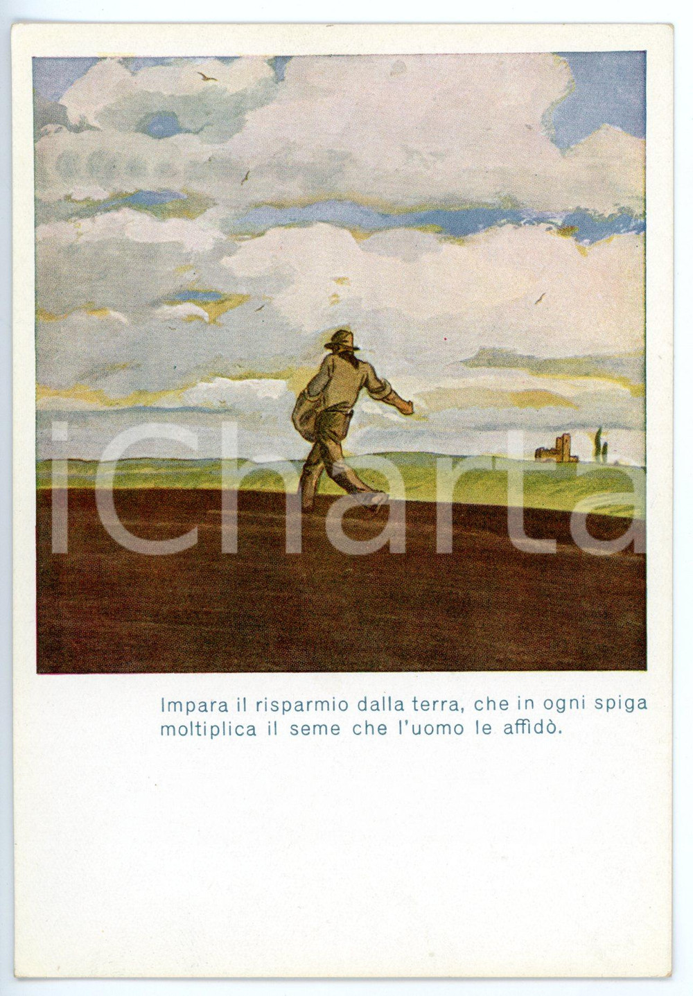 Cartolina originale da collezione 1950ca CASSA RISPARMIO PROVINCIE LOMBARDE Contadino durante la semina Cartolina 1