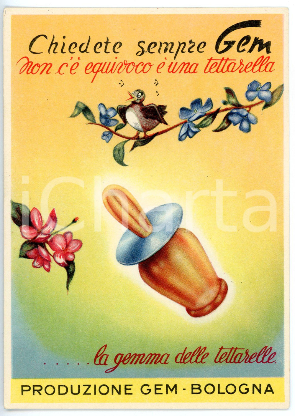 Materiale pubblicitario d’epoca 1950 ca BOLOGNA  GEM La gemma delle tettarelle Cartolina ILLUSTRATA VINTAGE FP 1