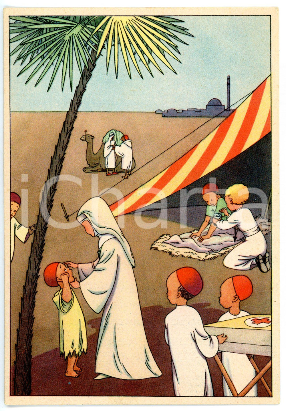 Cartolina originale da collezione 1950 ca UFFICIO MISSIONI PADOVA Suora assiste un bambino nel Sahara ILLUSTRATA 1