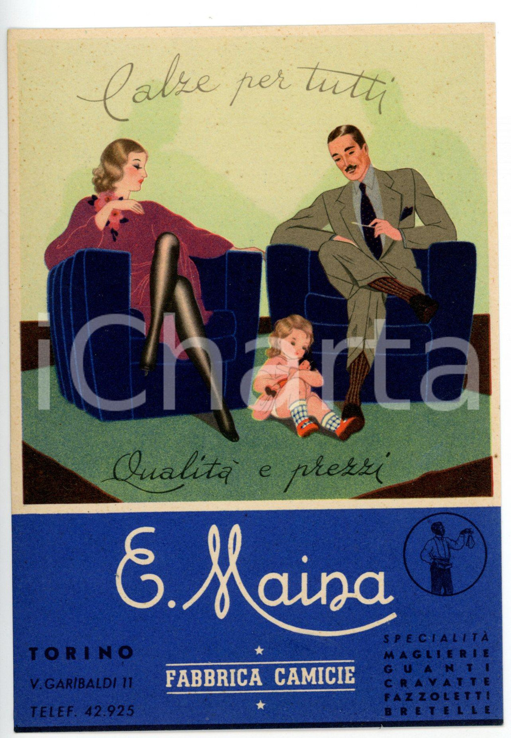 Materiale pubblicitario d’epoca 1940 ca TORINO Fabbrica camicie E. MAINA  Calze per tutti  Cartolina ILLUSTRATA 1