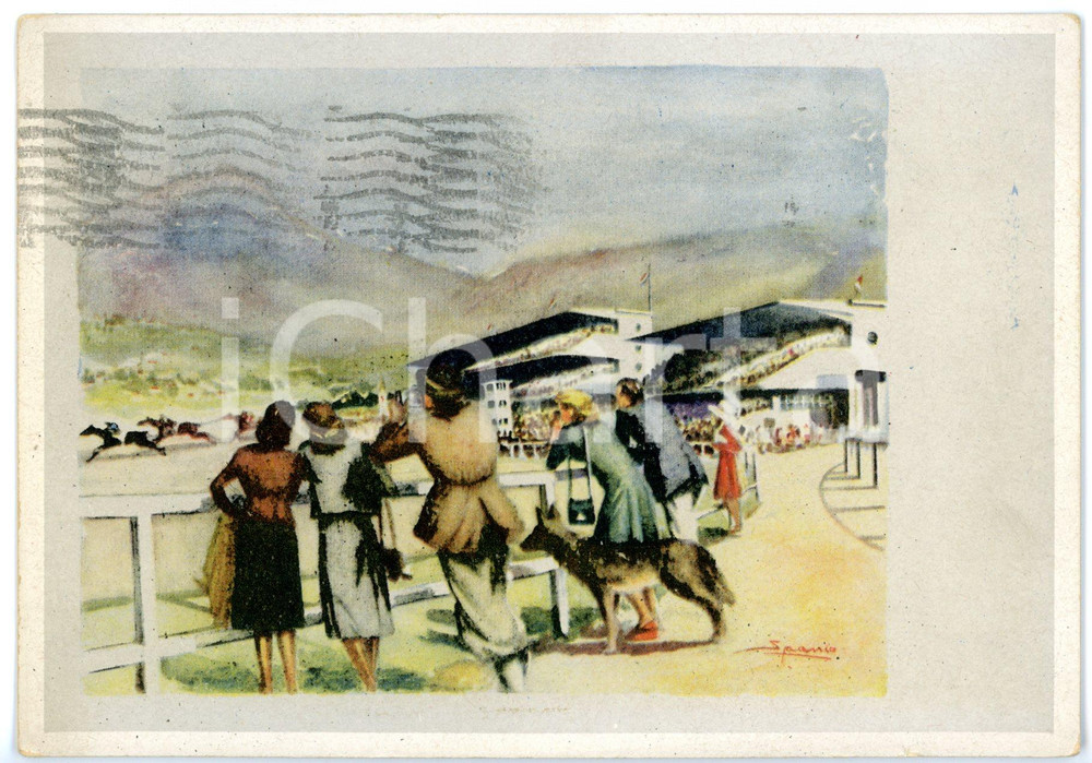 Cartolina originale da collezione 1950 MERANO BZ Corsa di cavalli all ippodromo Cartolina ILLUSTRATA  FG VG 1