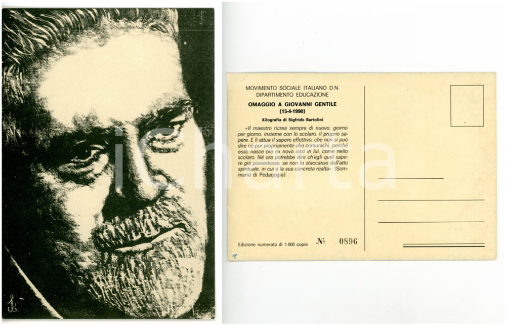 Cartolina originale da collezione 1990 MSIDN Giovanni GENTILE  Illustrazione di Sigfrido BARTOLINI Cartolina FG 1