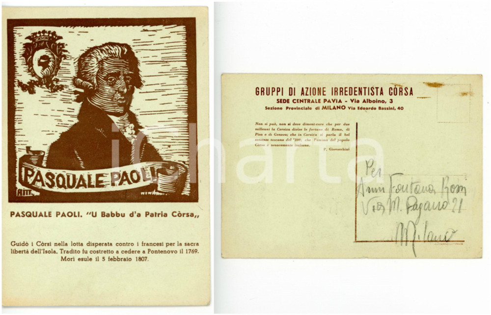 Materiale pubblicitario d’epoca 1944 ca PAVIA  GAIC Pasquale PAOLI U babbu d a patria CÃ²rsa  Cartolina 1