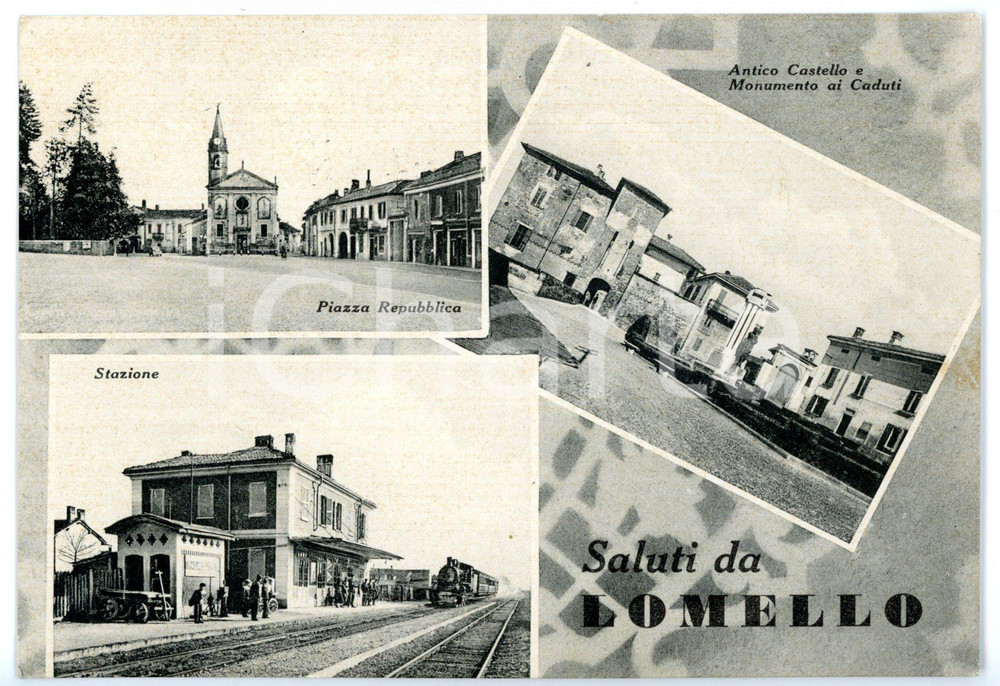 Cartolina originale da collezione 1957 LOMELLO PV Vedutine con stazione e castello CRIVELLI Cartolina VINTAGE 1