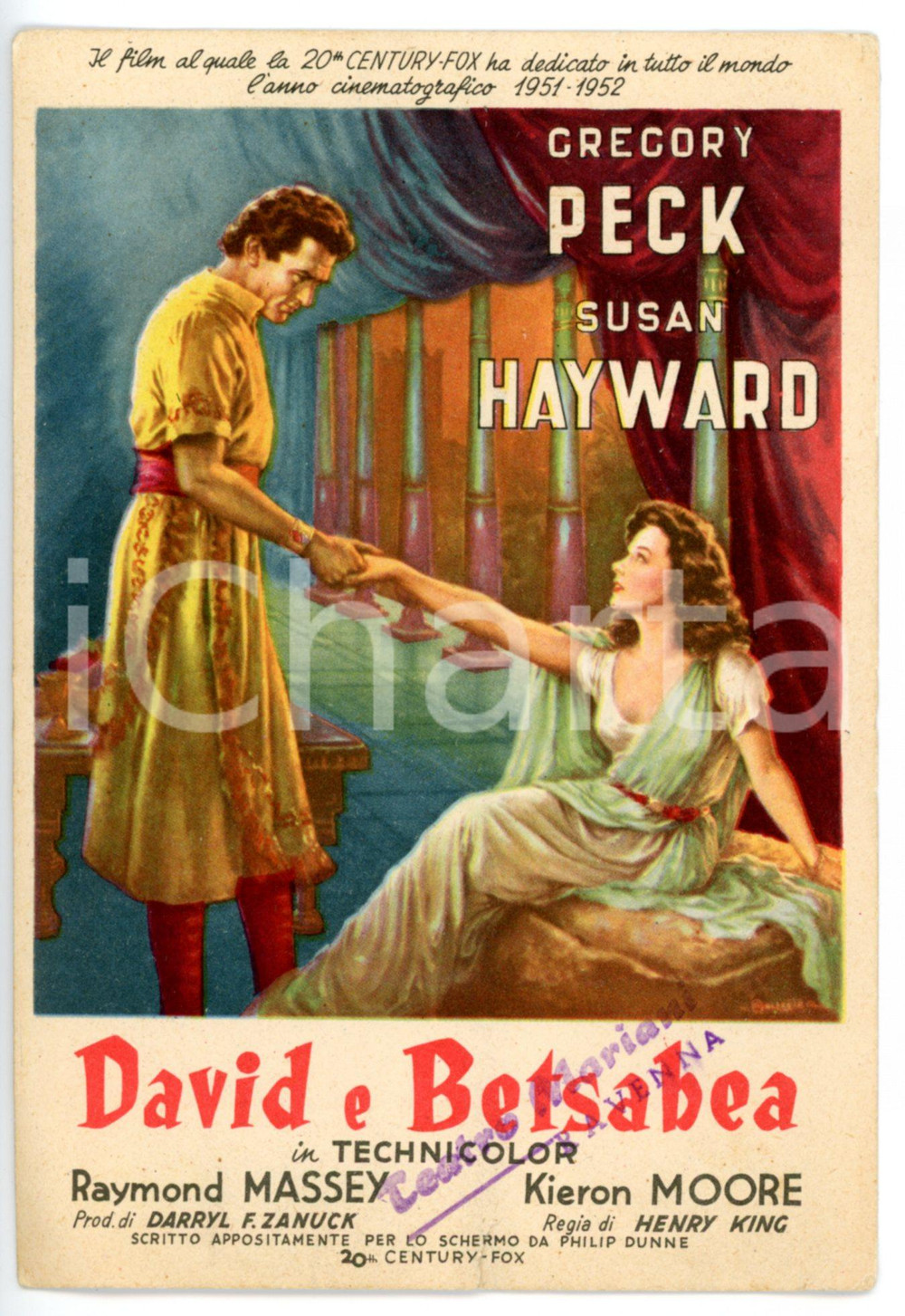 Materiale pubblicitario d’epoca 1951 CINEMA Film David e Betsabea  Gregory PECK Susan HAYWARD Cartolina FG 1