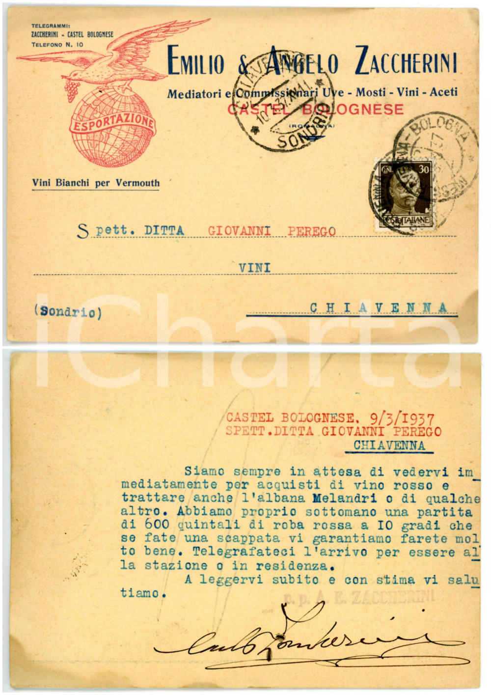Materiale pubblicitario d’epoca 1937 CASTEL BOLOGNESE RA Azienda vinicola ZACCHERINI  Cartolina commerciale 1