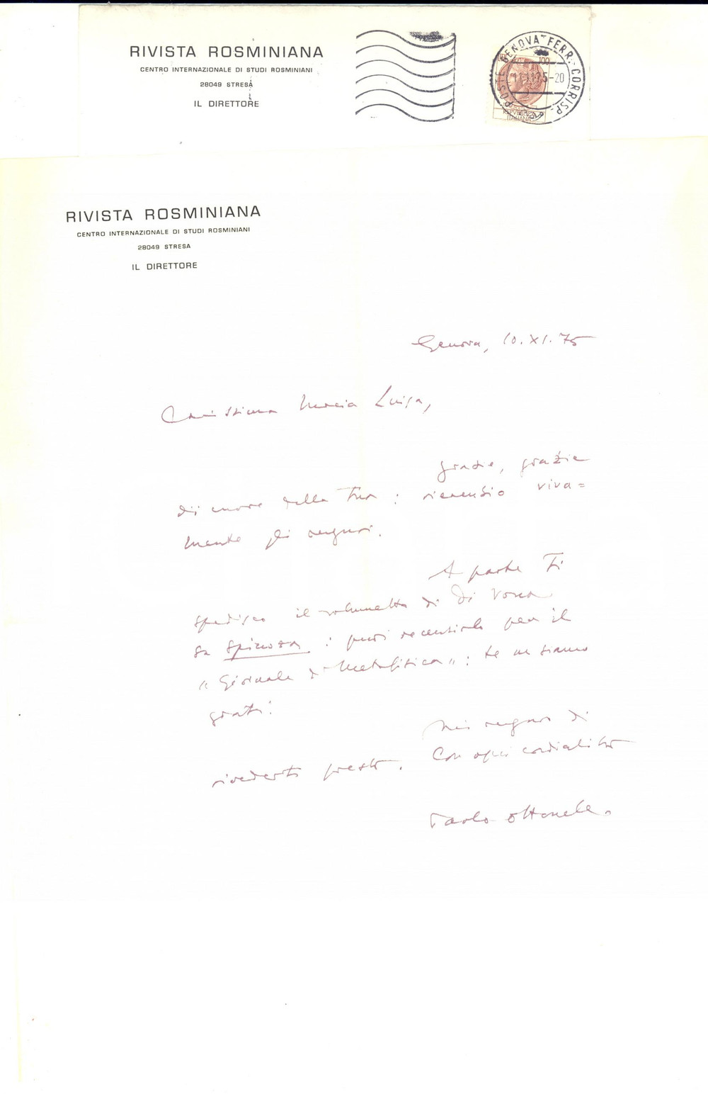 Autografo originale 1975 GENOVA Lettera Pier Paolo OTTONELLO  RIVISTA ROSMINIANA AUTOGRAFO 1