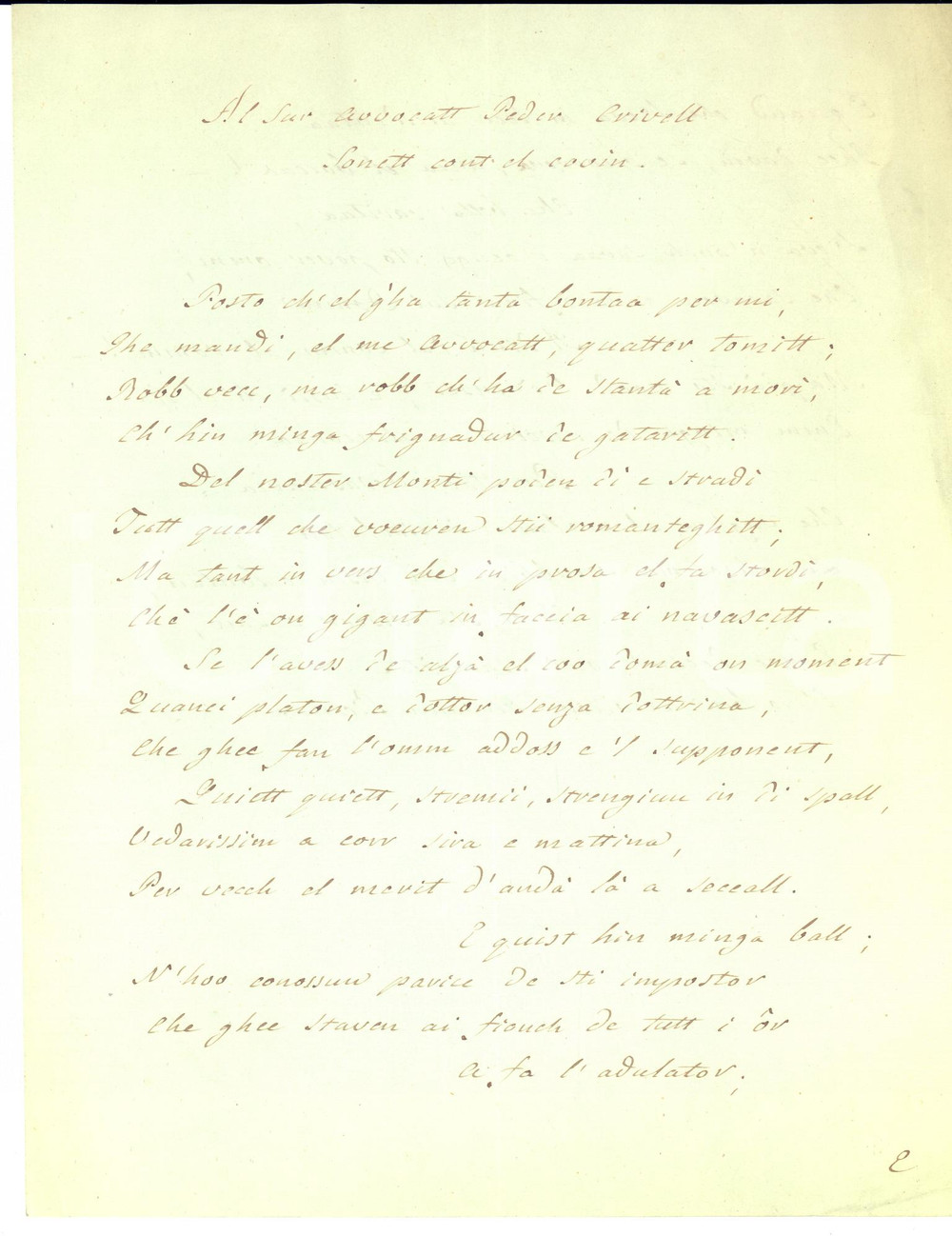 Documento originale, autentico 1830 ca DIALETTO MILANESE Al sur avvocatt Peder Crivell  Sonett cont el covin 1