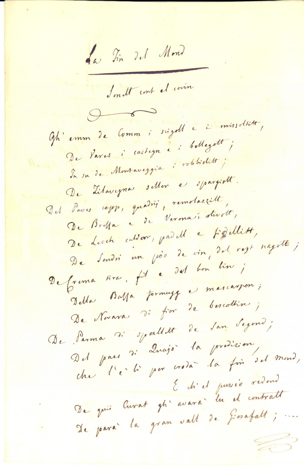 Documento originale, autentico 1830 ca DIALETTO MILANESE La fin del mond  Sonett cont el covin RARO CURIOSO 1