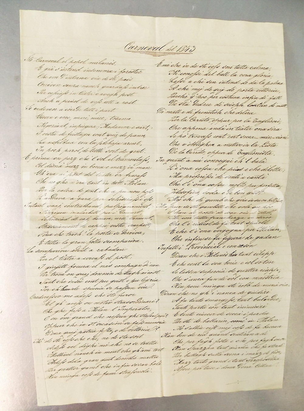 Documento originale, autentico 1843 ANONIMO Carneval del 1843  Poemetto in DIALETTO MILANESE RARO CURIOSO 1