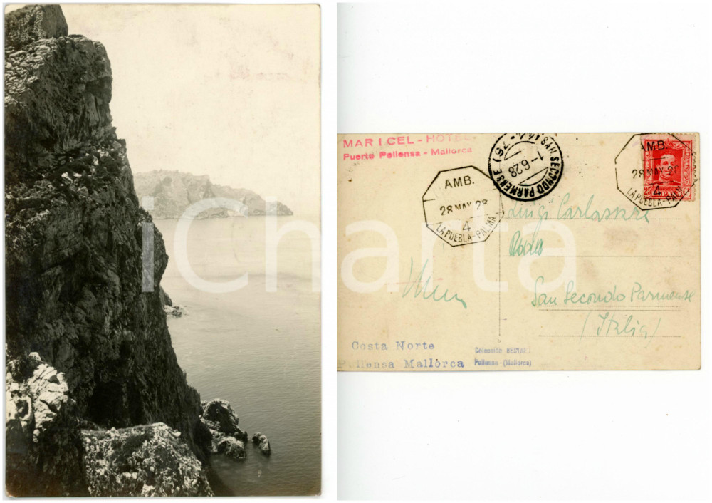 Fotografia d epoca originale 1928 POLLENSA MAIORCA Panorama costa Norte  Timbro MARICEL HOTEL Cartolina 1